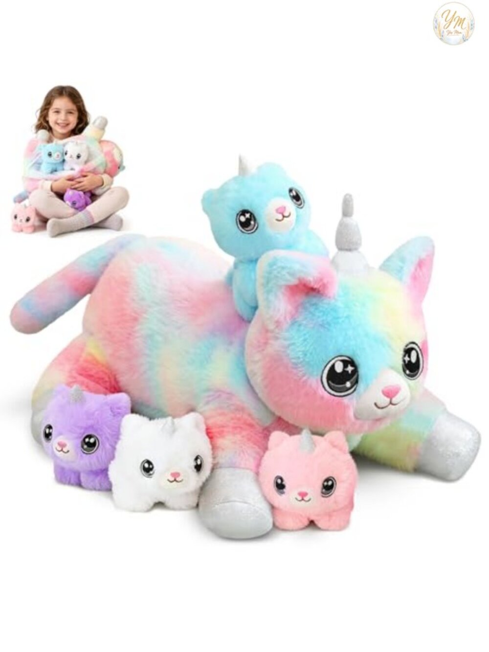 Unicorn Cat Plush Mommy with 4 Baby Kittens Stuffed Animal Set Gift